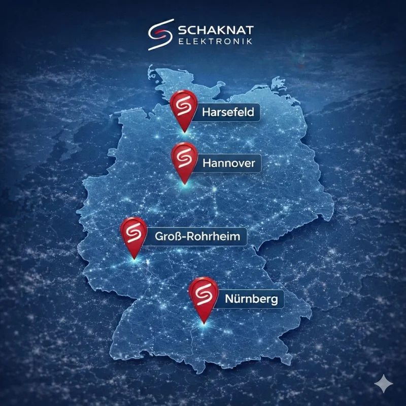 Standorte von Schaknat Elektronik auf Deutschlandkarte: Harsefeld, Hannover, Groß-Rohrheim, Nürnberg